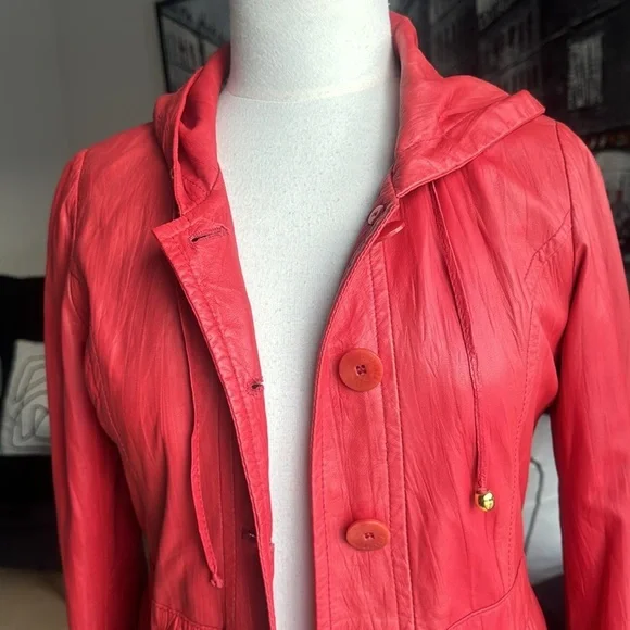 Vintage GENUINE Soft Coral Red Leather SCHAFSTALL Germany Parka Coat size 38 - Picture 16 of 16